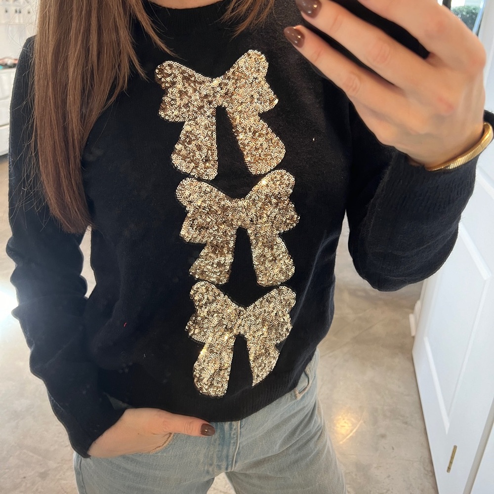 Black & Gold Sequin Bow Sweater